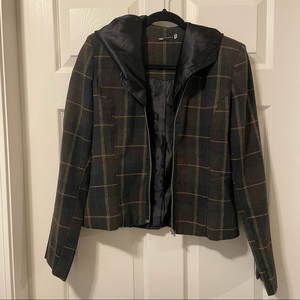 Vintage plaid shacket with satin hood